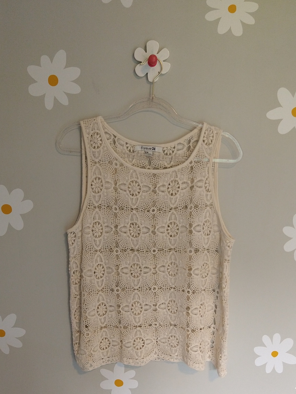 Forever 21 Cream Floral Crocheted Granny Square Scoop Neck Tank Top